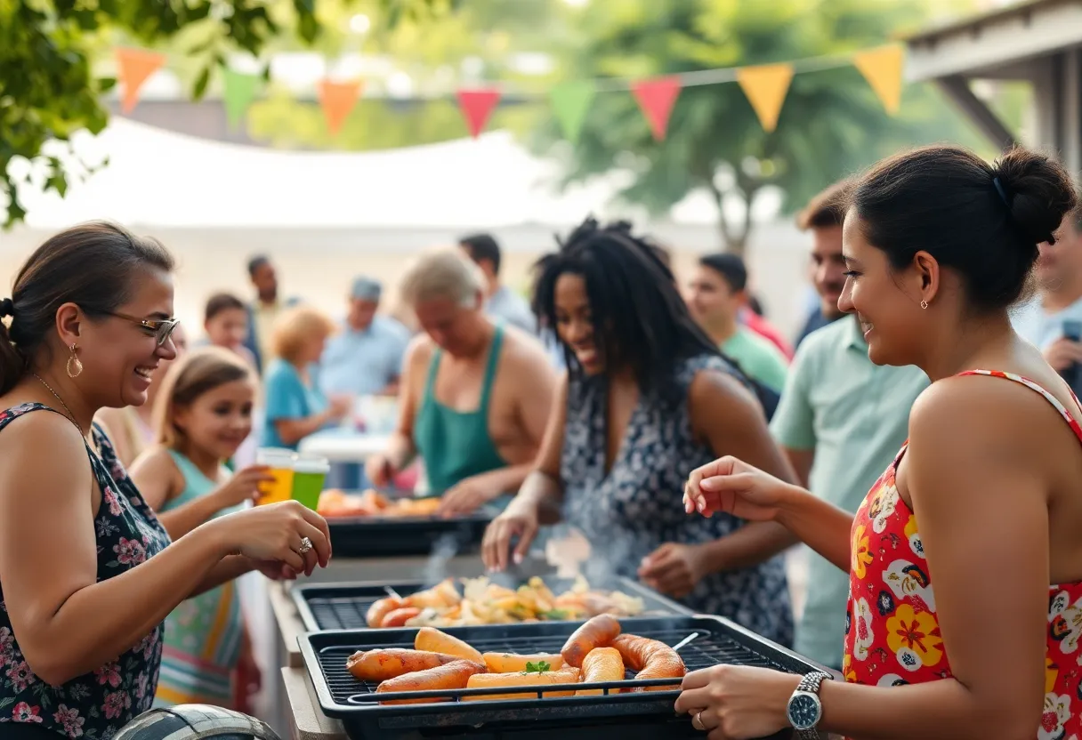 A vibrant community gathering with families enjoying food and festivities.