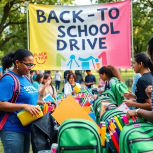 Volunteers packing backpacks for children at the Dallas Back-to-School Drive