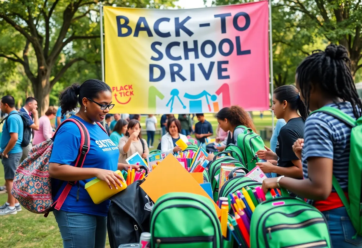 Volunteers packing backpacks for children at the Dallas Back-to-School Drive