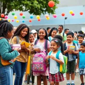 Families participating in the Dallas Back to School event receiving supplies.