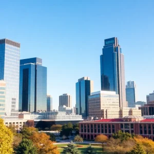 Cityscape of Dallas with commercial buildings and university campus