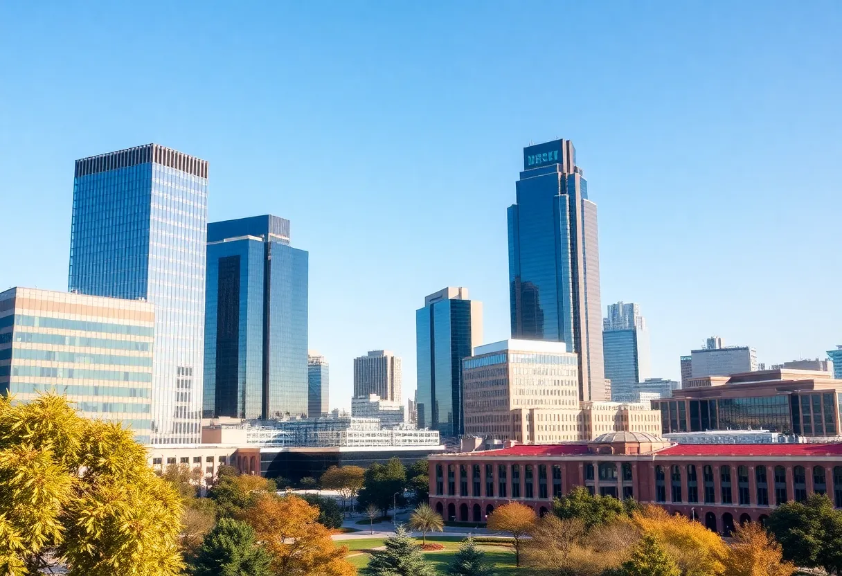 Cityscape of Dallas with commercial buildings and university campus