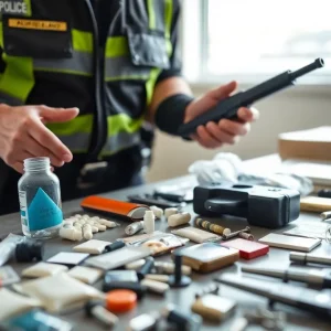 Collection of seized drugs and paraphernalia from a police operation in Dallas