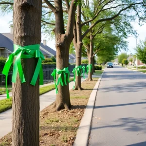Trees in a Dallas neighborhood adorned with green ribbons mourning flash flood victims
