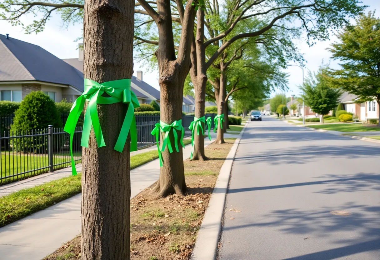 Trees in a Dallas neighborhood adorned with green ribbons mourning flash flood victims
