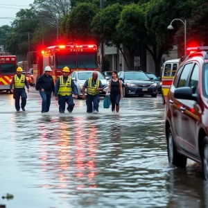 Emergency responders conducting water rescues during Dallas flooding