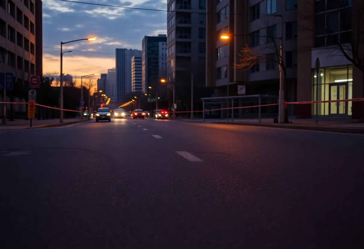 Empty road with police tape marking a hit-and-run accident scene in Dallas.