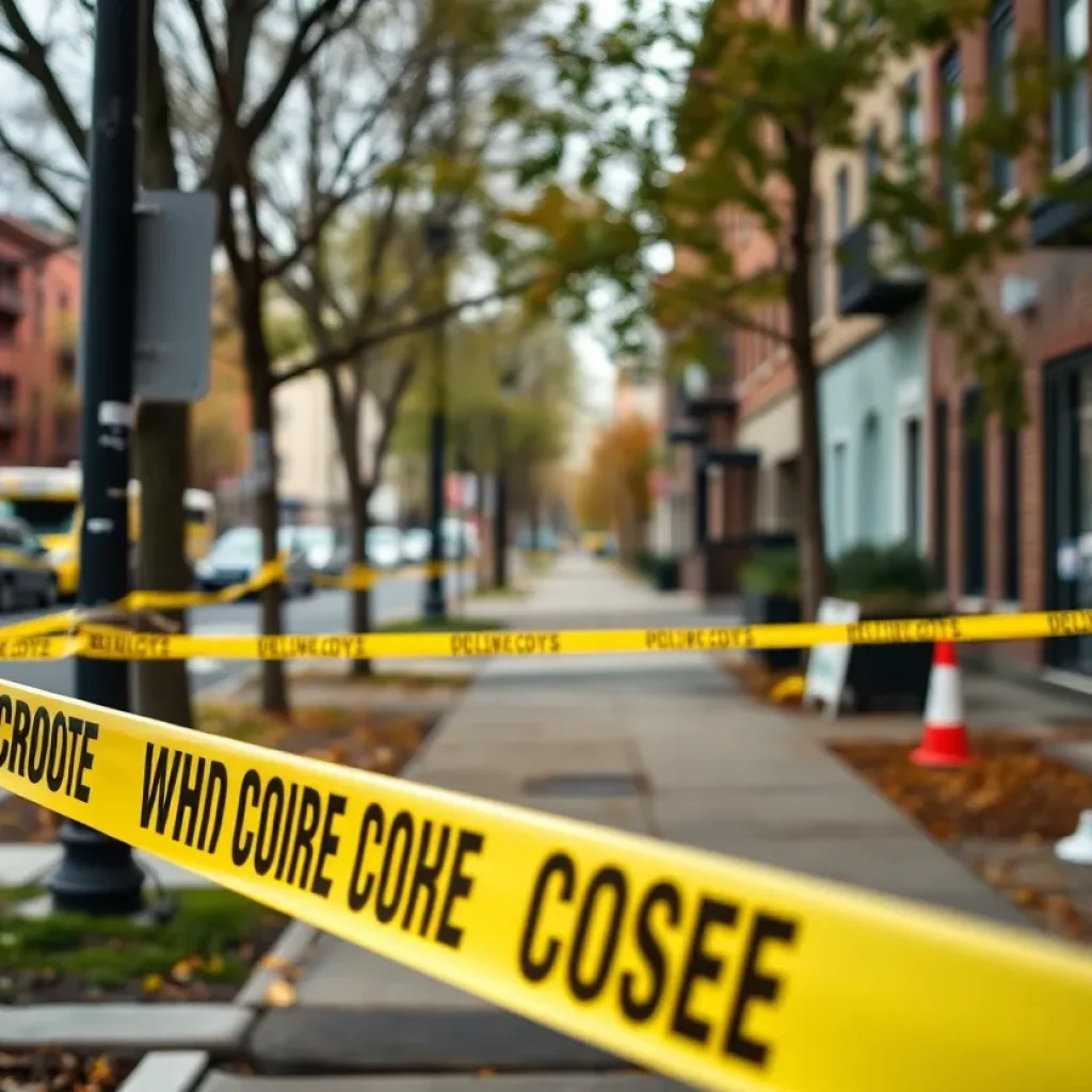 Crime scene in Dallas with police tape and evidence markers