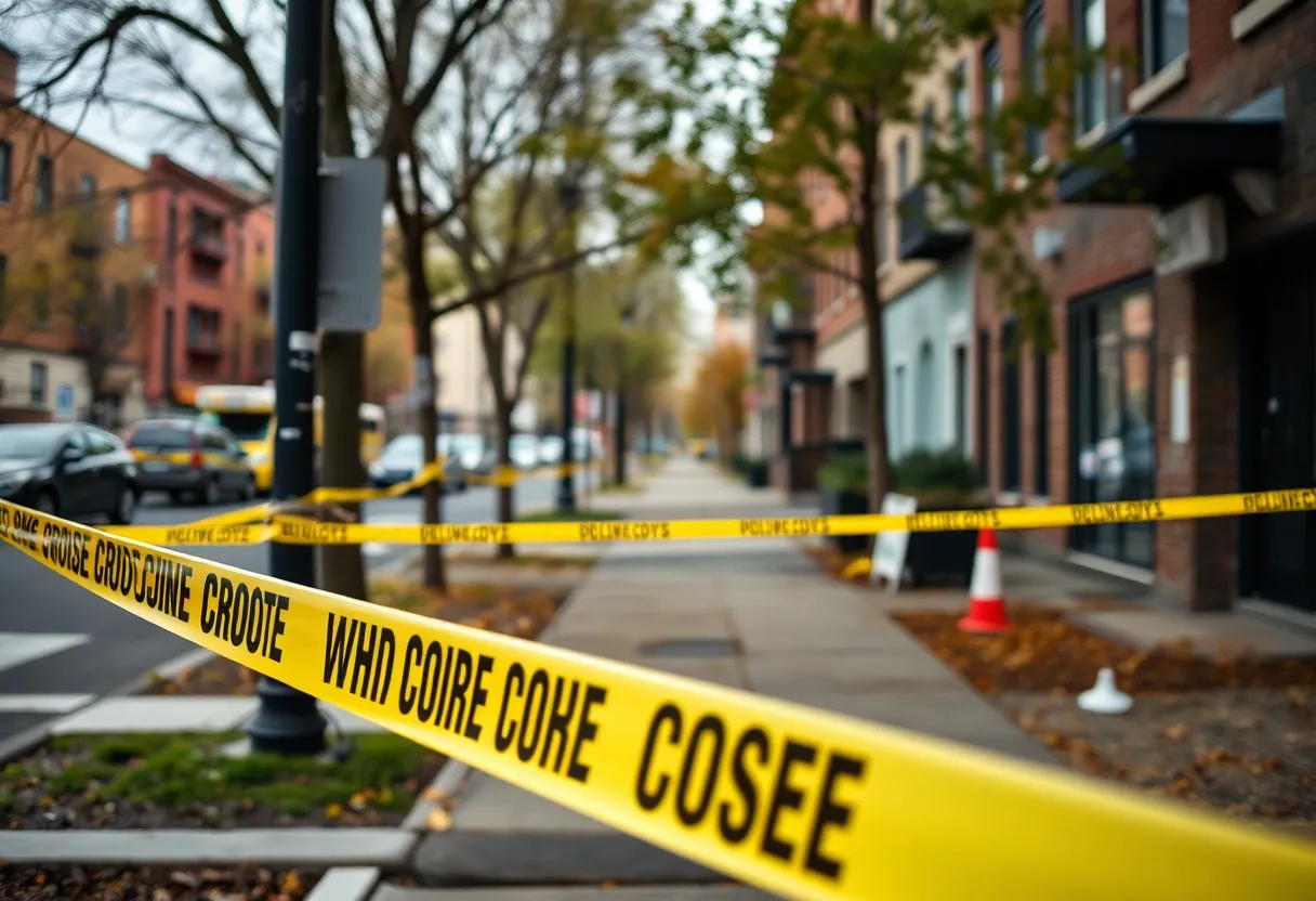 Crime scene in Dallas with police tape and evidence markers