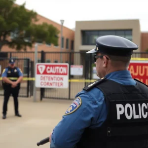 Law enforcement officers securing the area outside a detention center in Dallas
