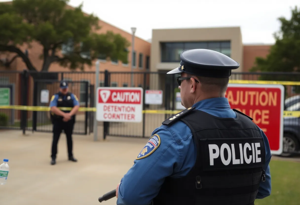 Law enforcement officers securing the area outside a detention center in Dallas