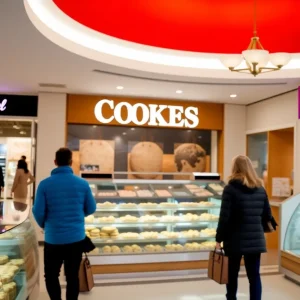 View of The Shops at Red Bird Mall with a cookie shop