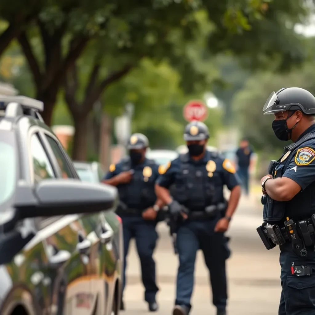 Police officers patrolling a neighborhood in Dallas after a shooting incident.