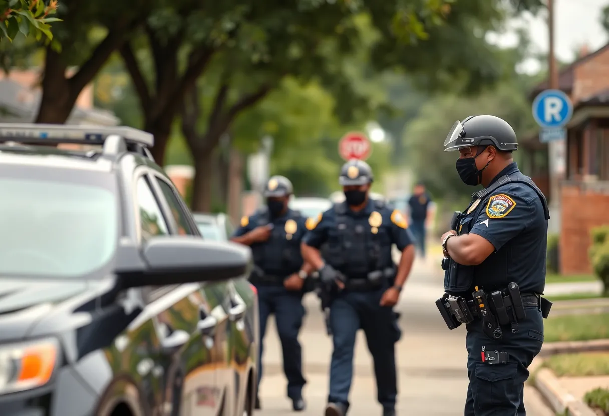 Police officers patrolling a neighborhood in Dallas after a shooting incident.