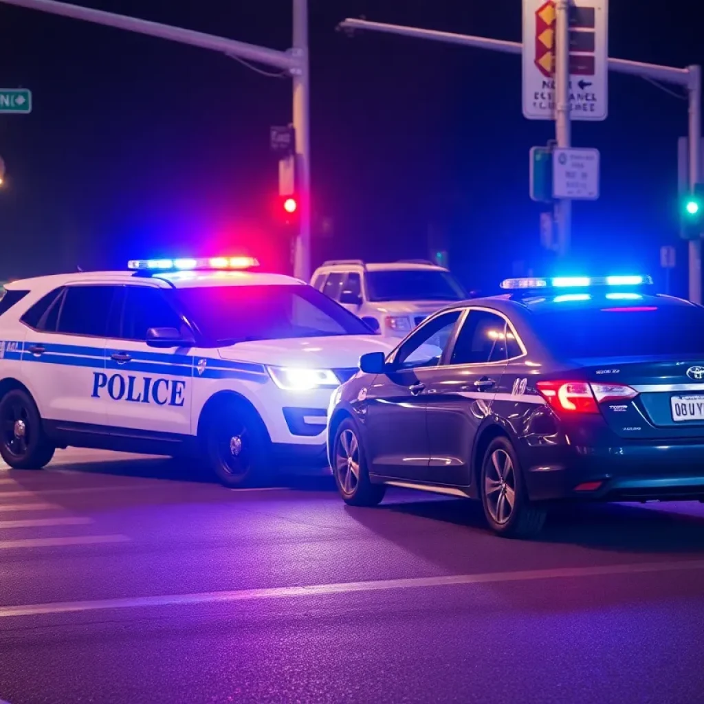 Accident scene involving police vehicle and civilian car at night