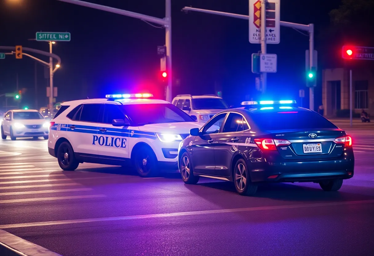 Accident scene involving police vehicle and civilian car at night