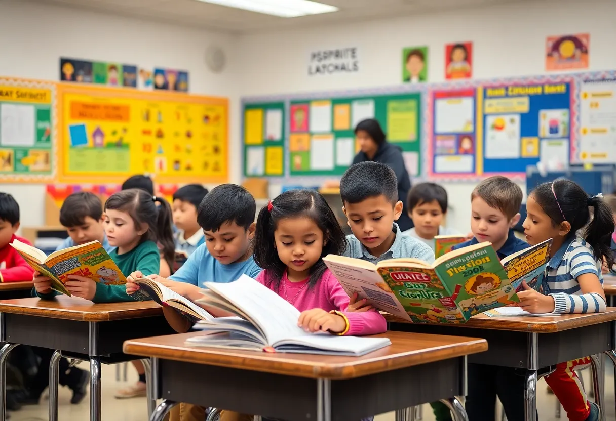 Students engaged in reading activities in a classroom.