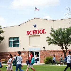 Dallas school building with students activities