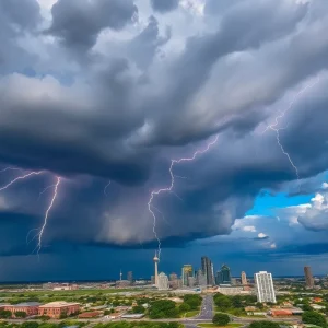 Thunderstorms over Dallas-Fort Worth skyline