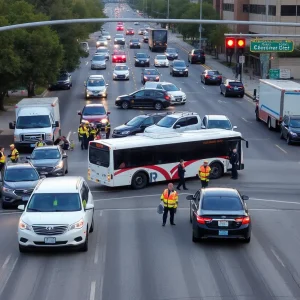 Emergency responders at the scene of a traffic accident in Dallas involving a bus and multiple vehicles.
