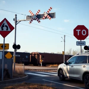 Scene of a train crossing with an SUV, emphasizing rail safety