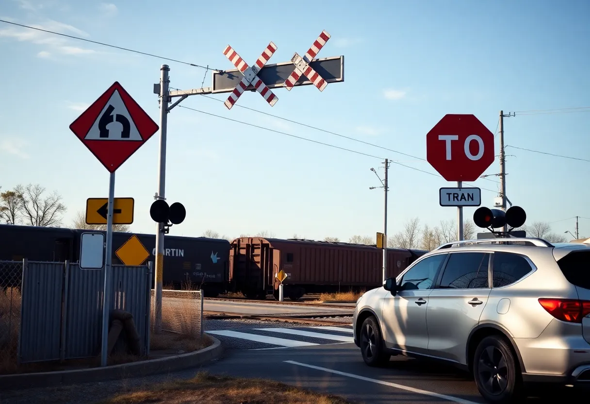 Scene of a train crossing with an SUV, emphasizing rail safety