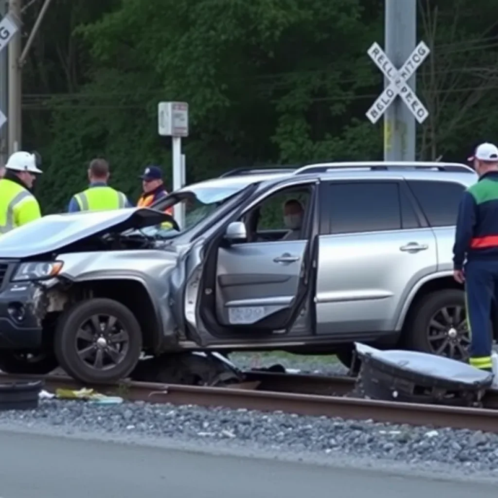 Wrecked SUV at a train crossing in Dallas