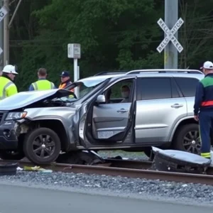 Wrecked SUV at a train crossing in Dallas