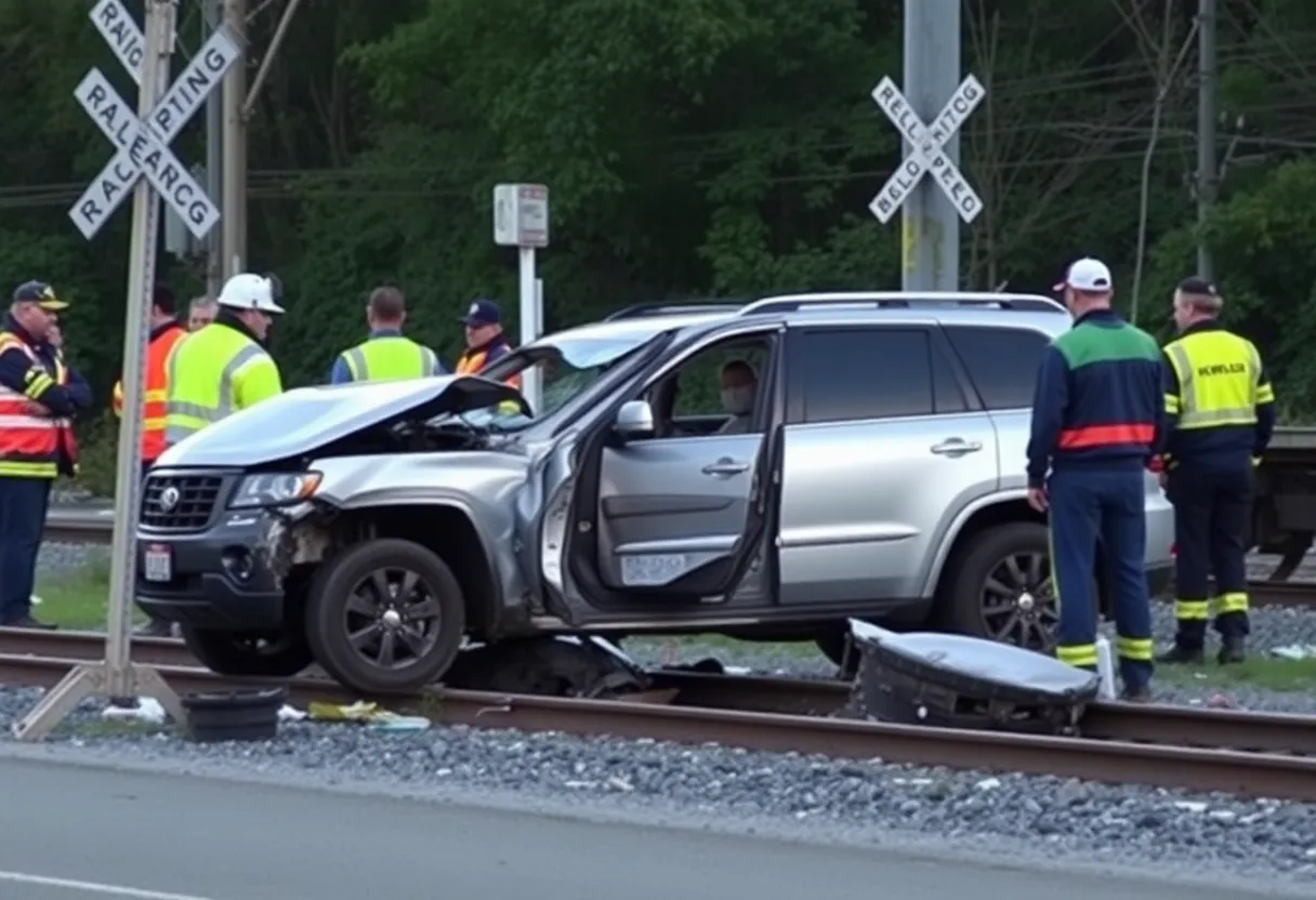 Wrecked SUV at a train crossing in Dallas