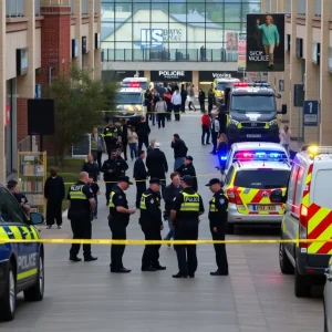 Police securing the scene of a shooting at a shopping center