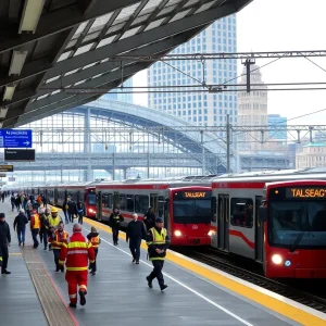 Emergency responders facilitating evacuation at a DART train station