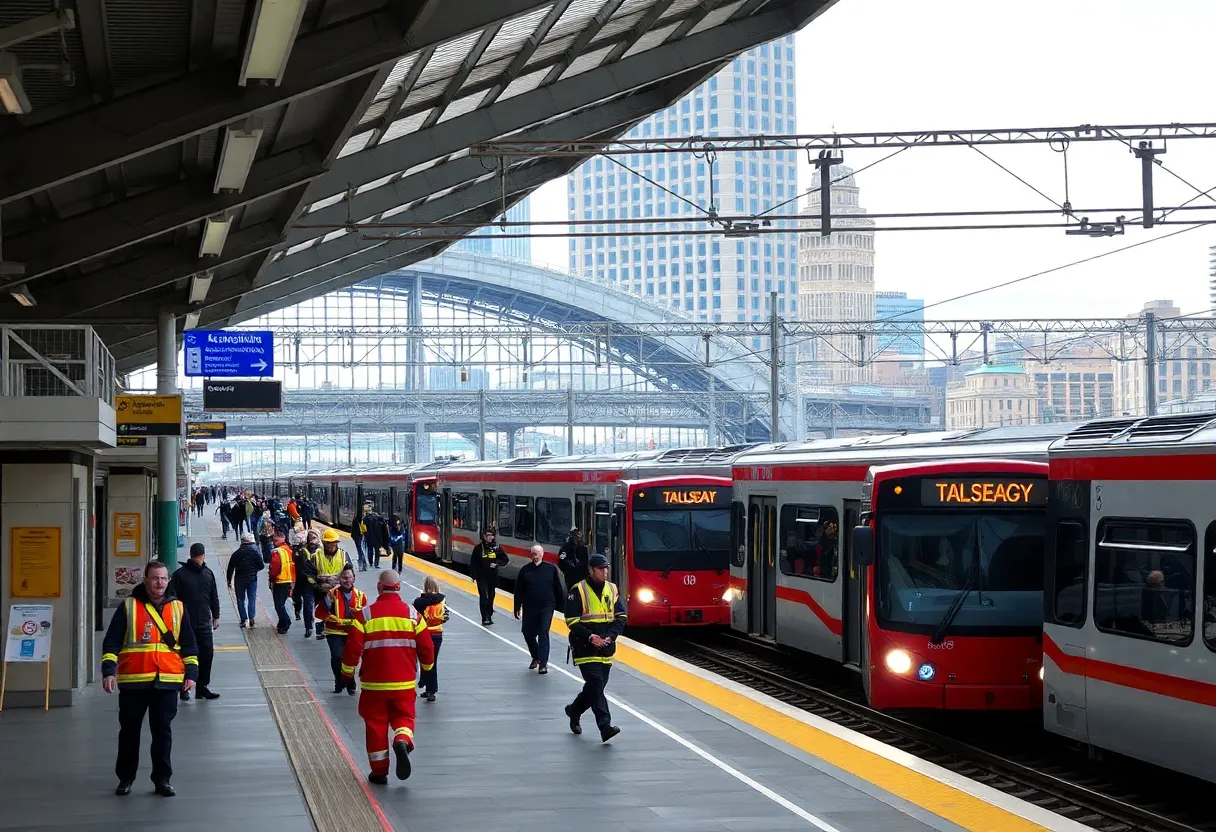 Emergency responders facilitating evacuation at a DART train station