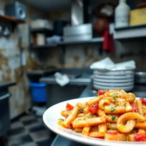 Dirt and unsanitary conditions in a restaurant kitchen environment.