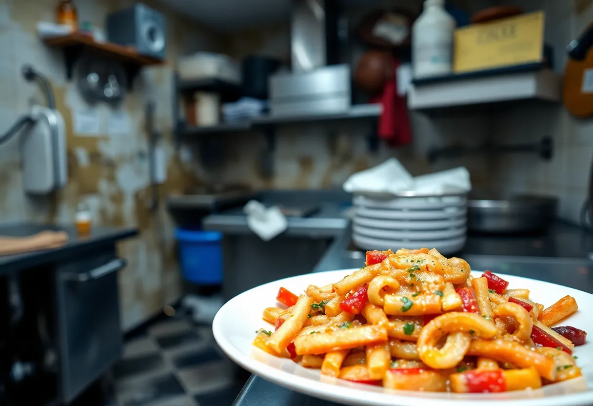 Dirt and unsanitary conditions in a restaurant kitchen environment.