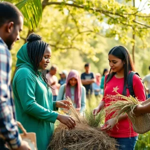 Community members engaging in volunteer activities in a park setting.