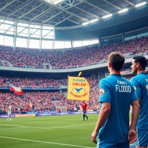 FC Dallas players wearing commemorative patches during a match for flood relief.