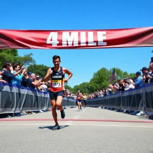 Athlete crossing the finish line of a four-mile race