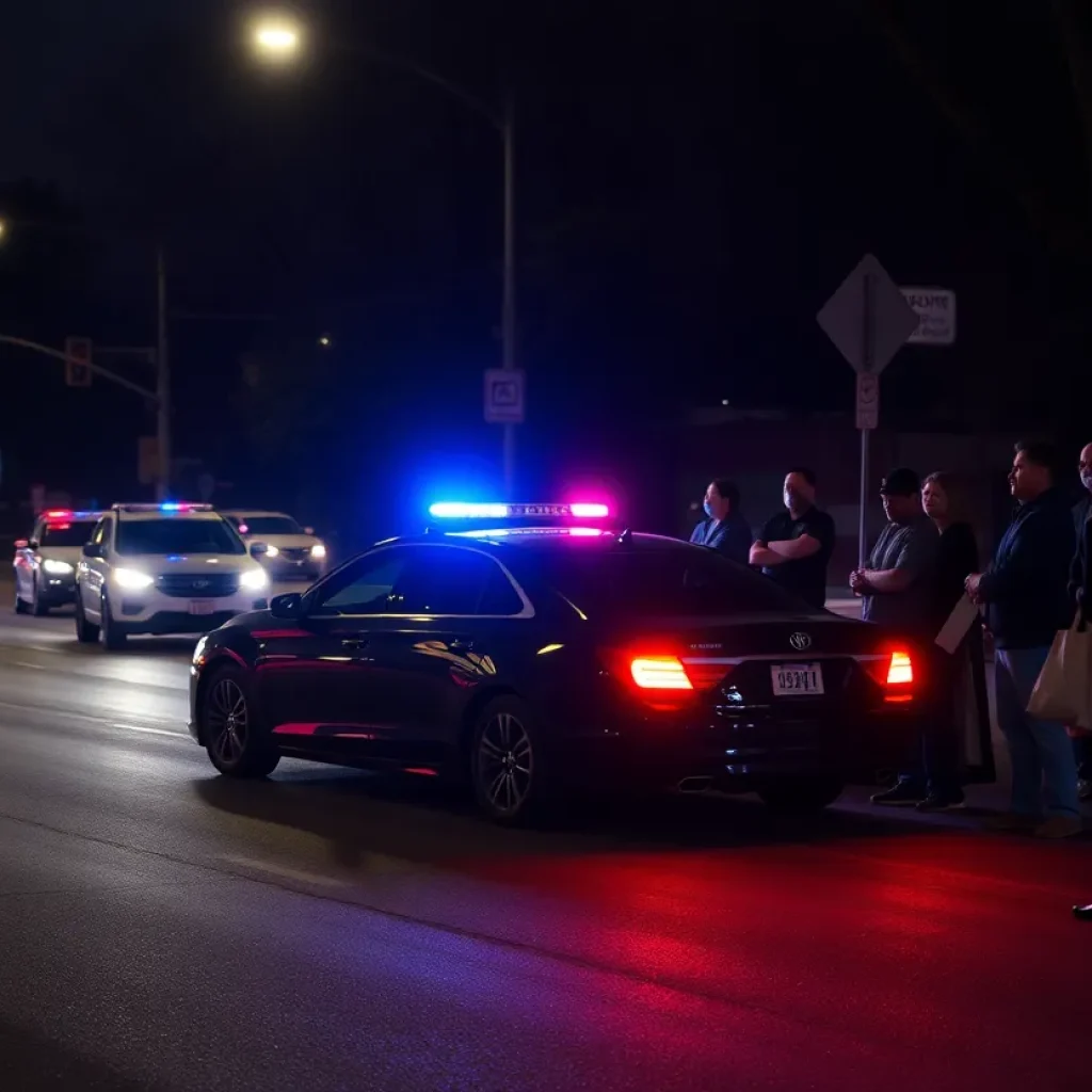Street at night with police lights and community support