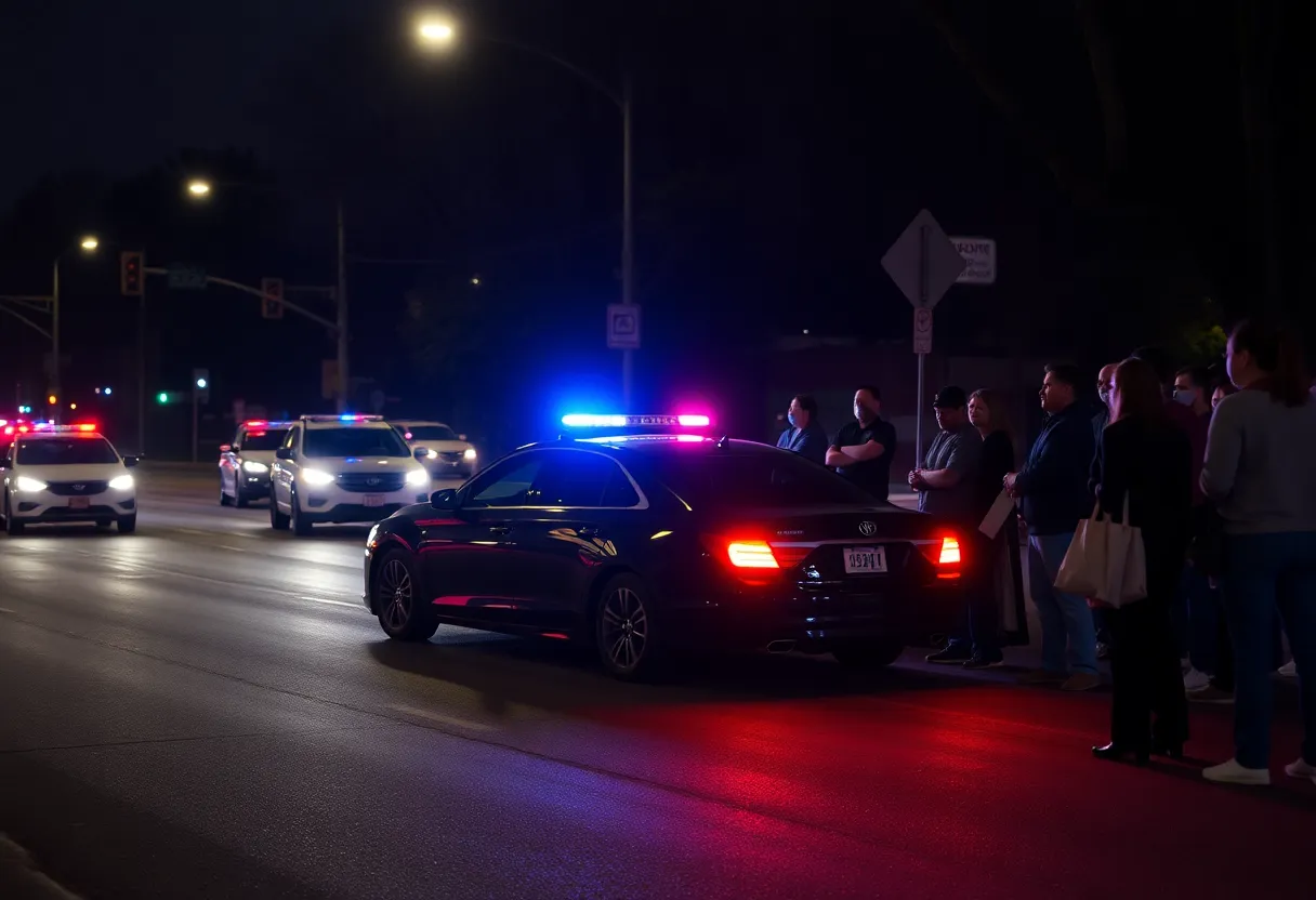 Street at night with police lights and community support