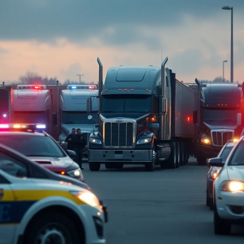 Police vehicles surrounding a truck yard during a tense situation