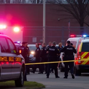 Law enforcement officers at the scene of an attack on an ICE facility