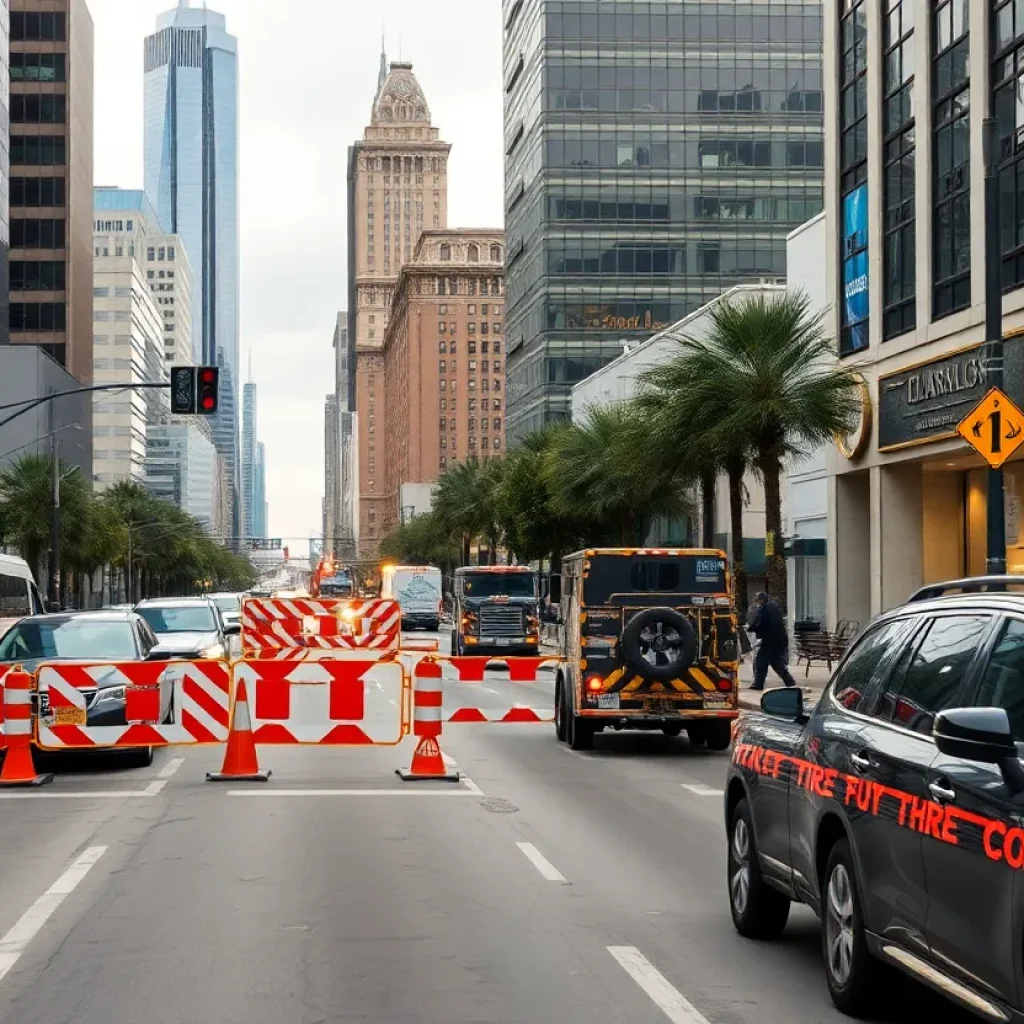 Filming of the series Landman in a Dallas street with crew and equipment.