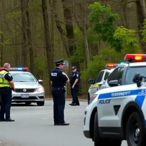 Police operation in a wooded area for safety.