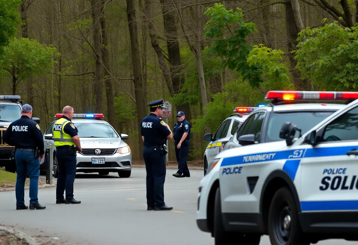 Police operation in a wooded area for safety.