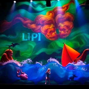 Life of Pi theatrical scene with puppets and ocean backdrop