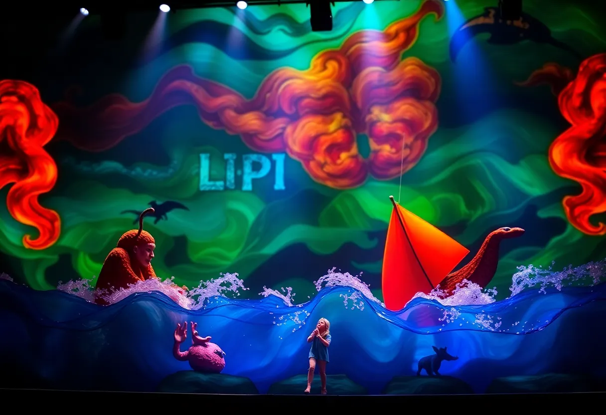 Life of Pi theatrical scene with puppets and ocean backdrop