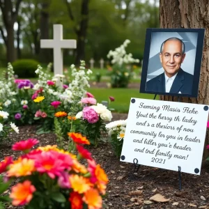 Resting place with flowers at a memorial dedicated to a military veteran.