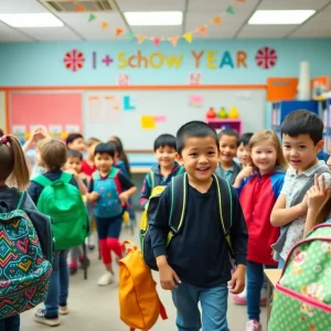 Children in a classroom preparing for the school year with supplies.