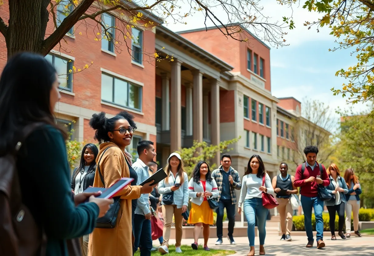 Diverse students and faculty on a university campus representing educational leadership