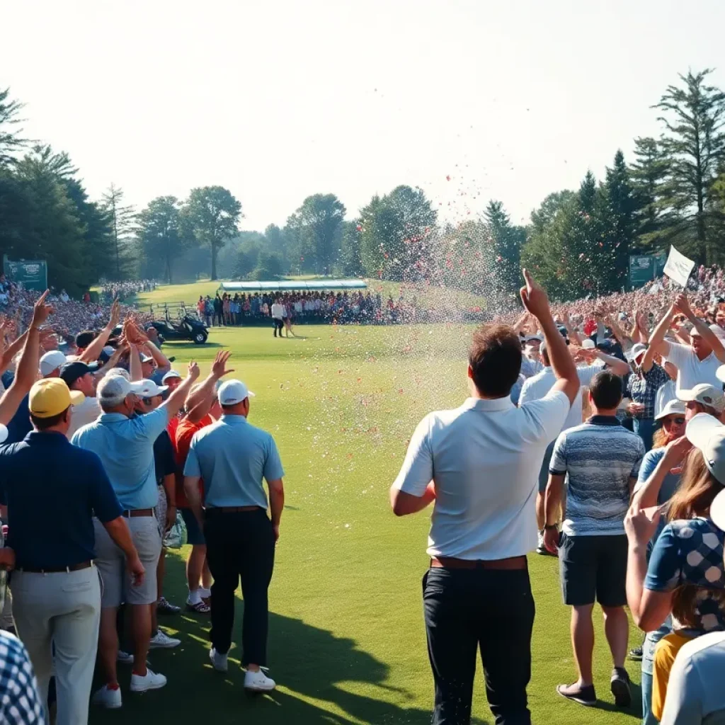 Golf tournament scene with spectators and a player celebrating a victory.